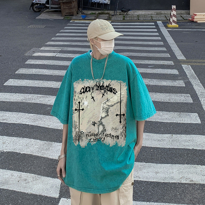 大注目 ヴィンテージ加工 全5色 プリント 半袖Tシャツ-A727