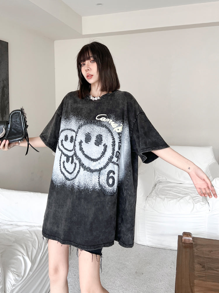 大注目 スマイルプリント ヴィンテージ加工 ゆったり 半袖Tシャツ -A728