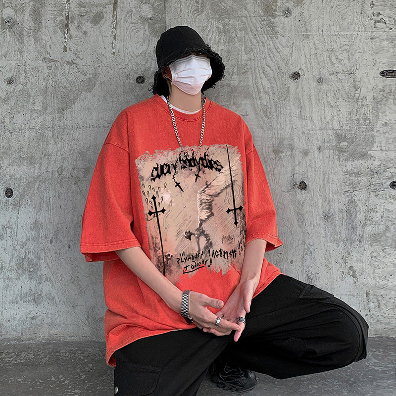 大注目 ヴィンテージ加工 全5色 プリント 半袖Tシャツ-A727