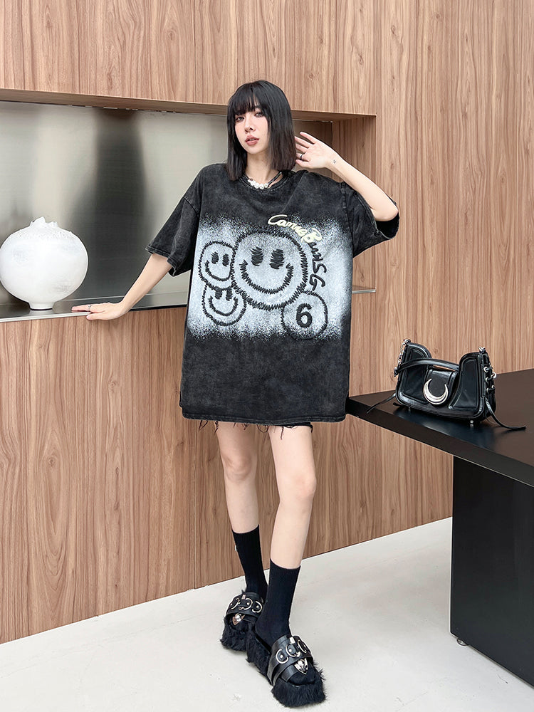 大注目 スマイルプリント ヴィンテージ加工 ゆったり 半袖Tシャツ -A728