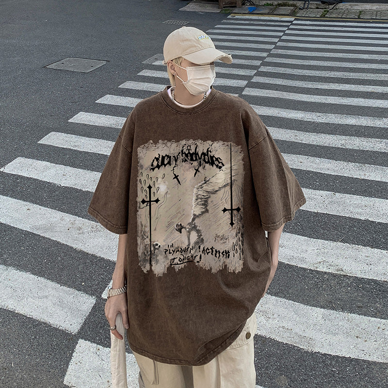 大注目 ヴィンテージ加工 全5色 プリント 半袖Tシャツ-A727