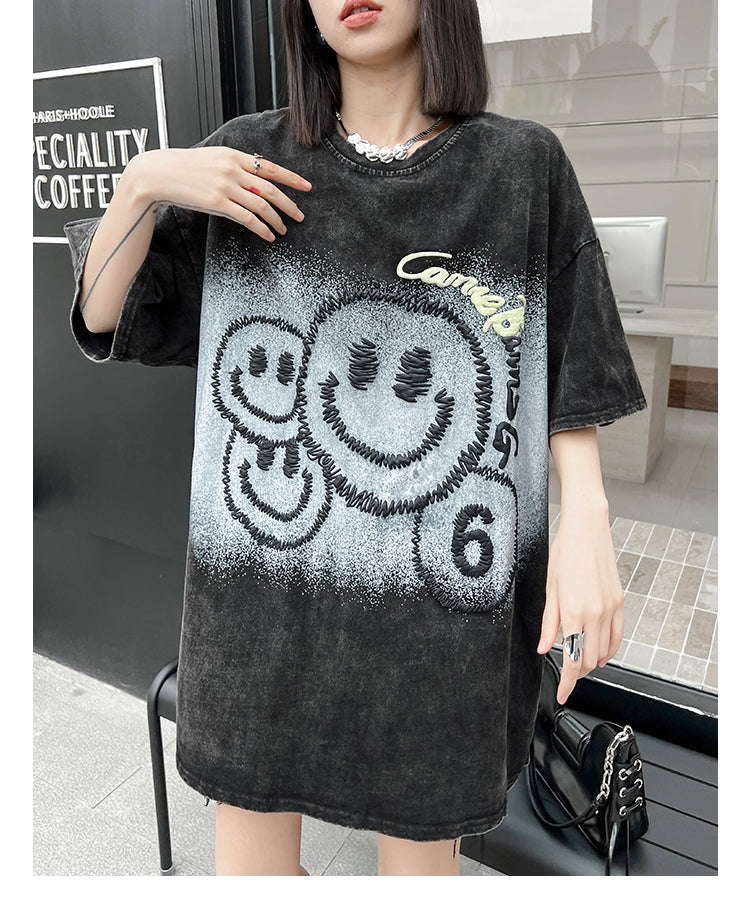 大注目 スマイルプリント ヴィンテージ加工 ゆったり 半袖Tシャツ -A728