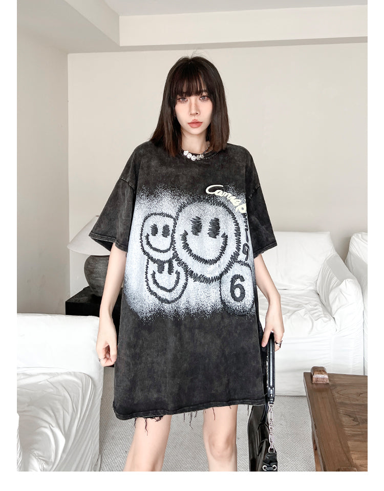 大注目 スマイルプリント ヴィンテージ加工 ゆったり 半袖Tシャツ -A728