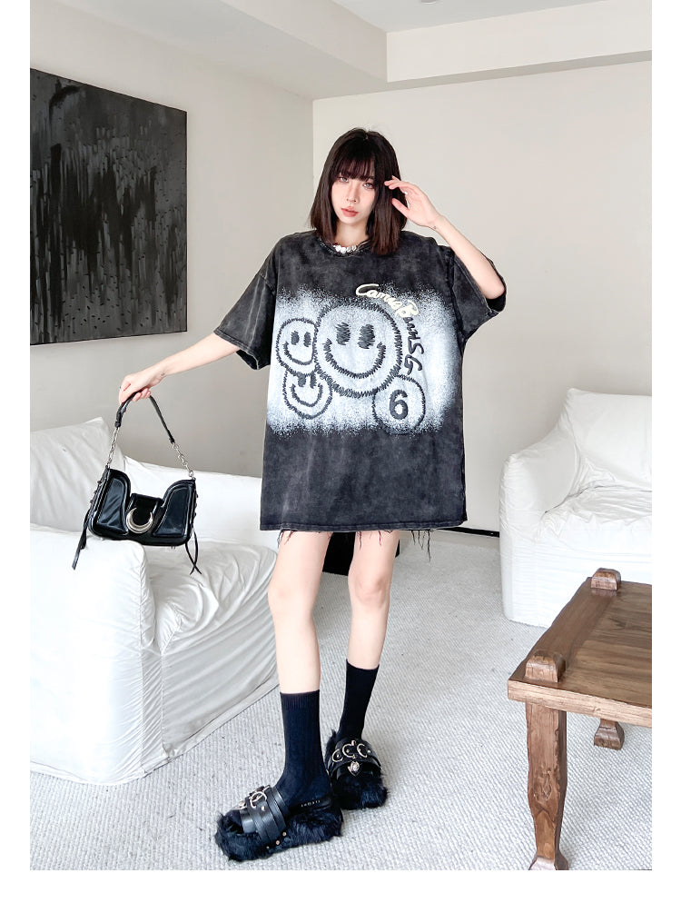 大注目 スマイルプリント ヴィンテージ加工 ゆったり 半袖Tシャツ -A728