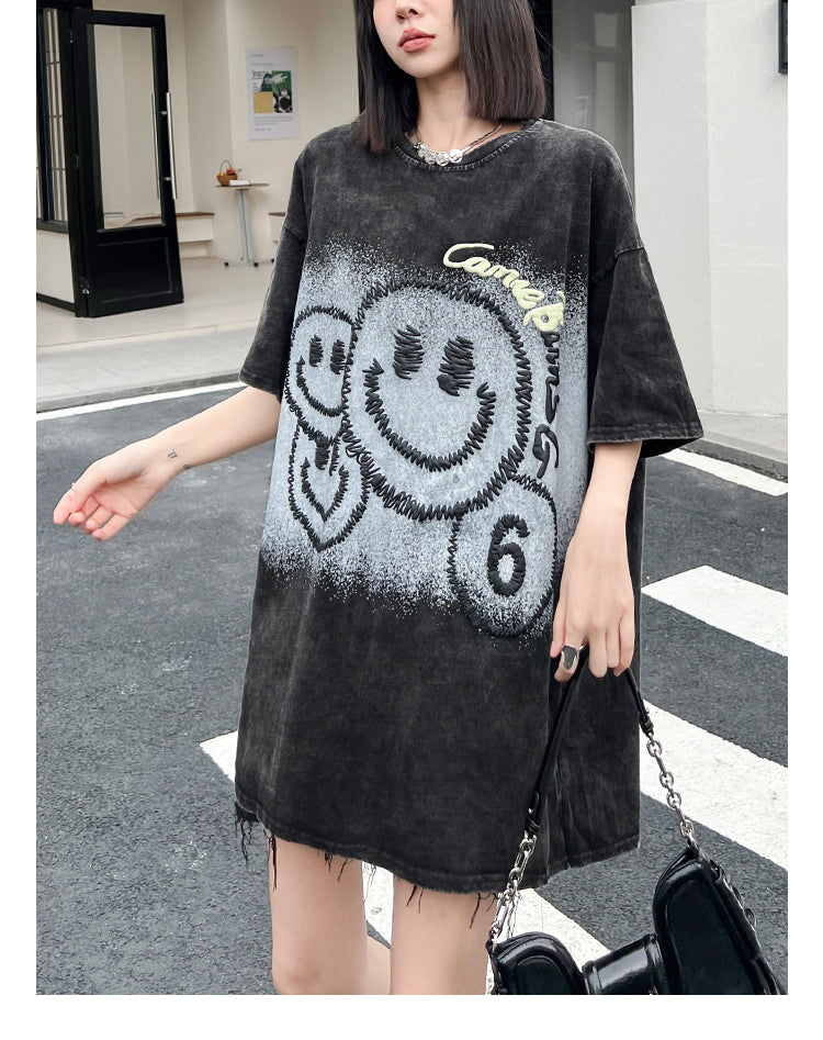 大注目 スマイルプリント ヴィンテージ加工 ゆったり 半袖Tシャツ -A728