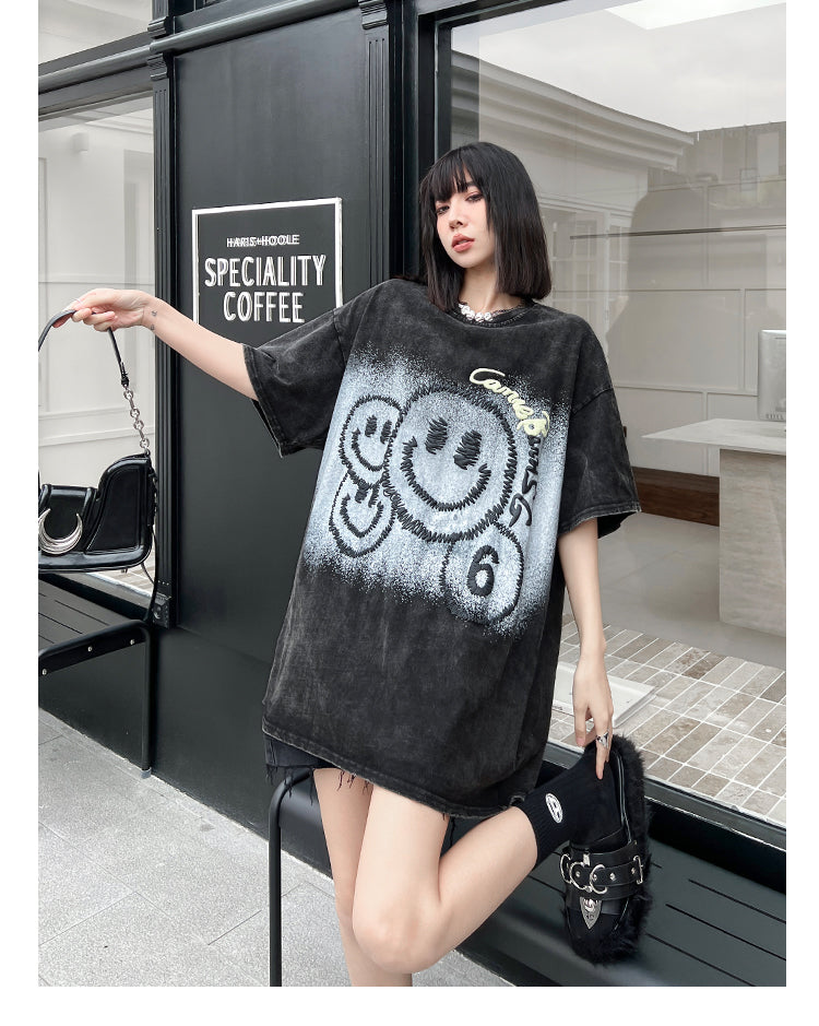 大注目 スマイルプリント ヴィンテージ加工 ゆったり 半袖Tシャツ -A728