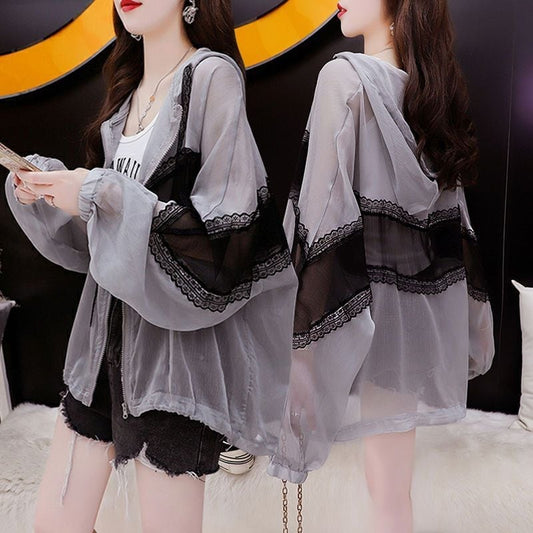 美人度アップ カジュアル 透け感 日焼け対策 切り替え パーカー コート<ins-8065>