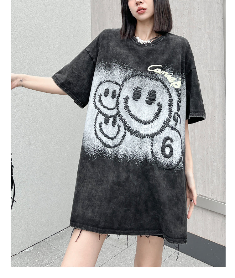 大注目 スマイルプリント ヴィンテージ加工 ゆったり 半袖Tシャツ -A728