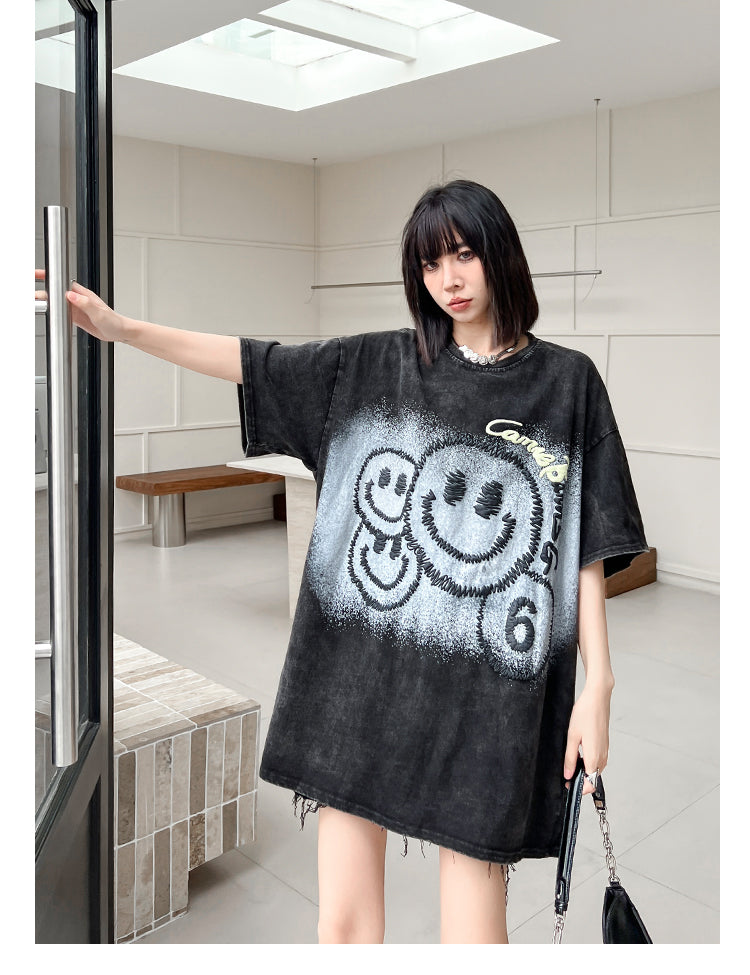 大注目 スマイルプリント ヴィンテージ加工 ゆったり 半袖Tシャツ -A728