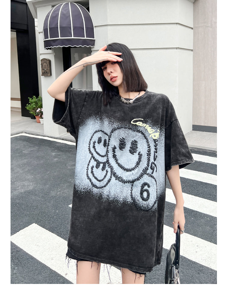 大注目 スマイルプリント ヴィンテージ加工 ゆったり 半袖Tシャツ -A728