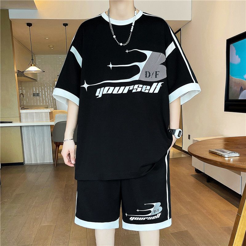 絶対流行 切り替え プリント 半袖Tシャツⅹパンツセット 全3色-A896