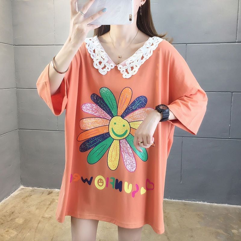 大人可愛い ゆったり ロング丈 切り替え 三色半袖Tシャツ<ins-8129>