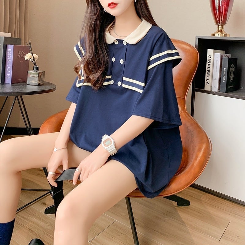 絶対欲しい セーラーカラー ロング Tシャツ 三色 ゆったりワンピース<ins-4028>