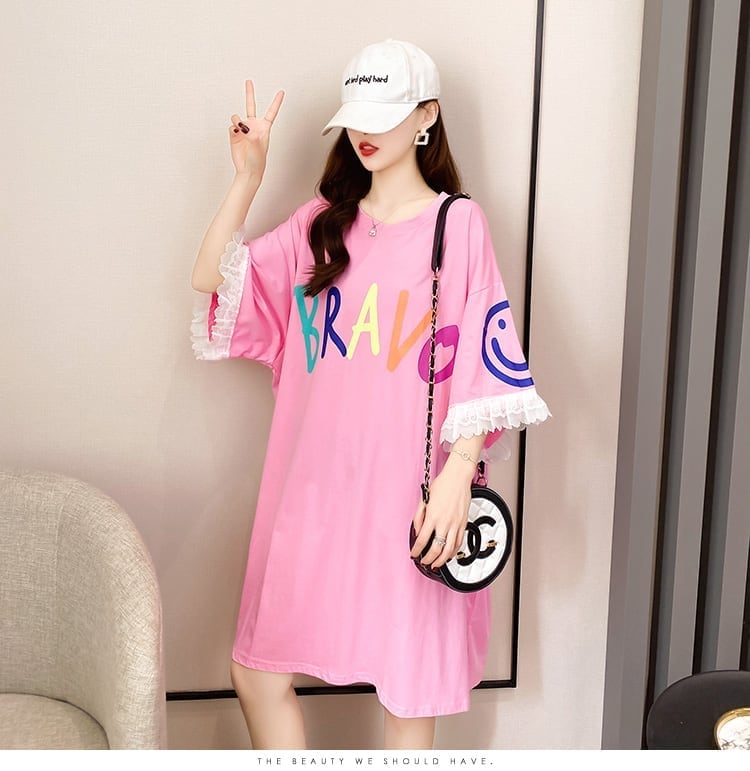 夏新作 オーバーサイズ アルファベット フリル プリントTシャツ 三色 ゆったり半袖<ins-3009>