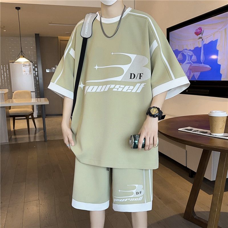 絶対流行 切り替え プリント 半袖Tシャツⅹパンツセット 全3色-A896