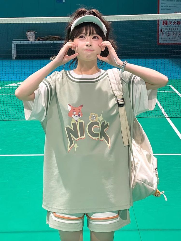 新商品 キュート カジュアル ルーズ 半袖Tシャツⅹパンツセット 全2色-A752