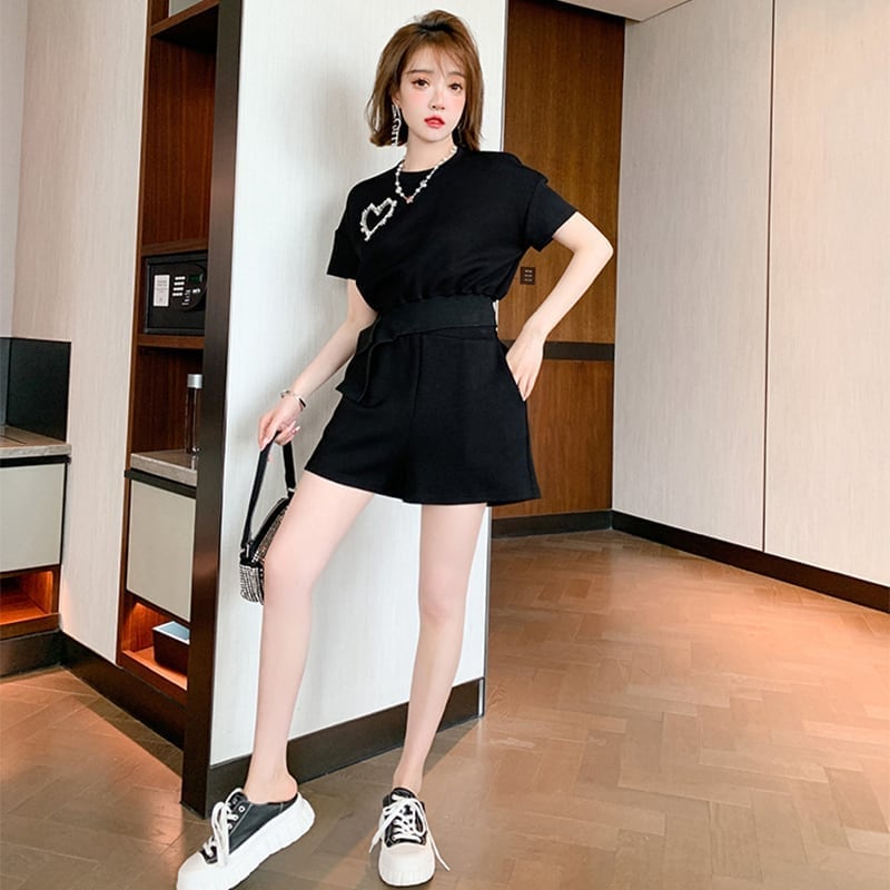 オシャレ度満点 一目惚れ 切り替え Tシャツ+ショートパンツ セットアップ<ins-3573>