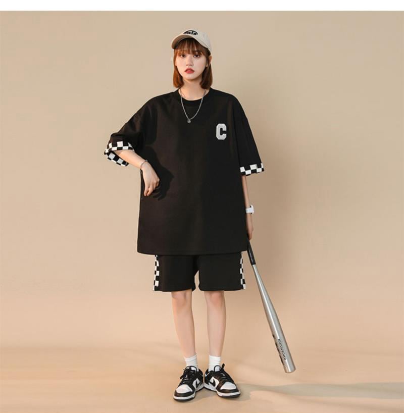 超人気 ルーズ 切り替え 半袖Tシャツⅹパンツセット全2色 <ins-8209>