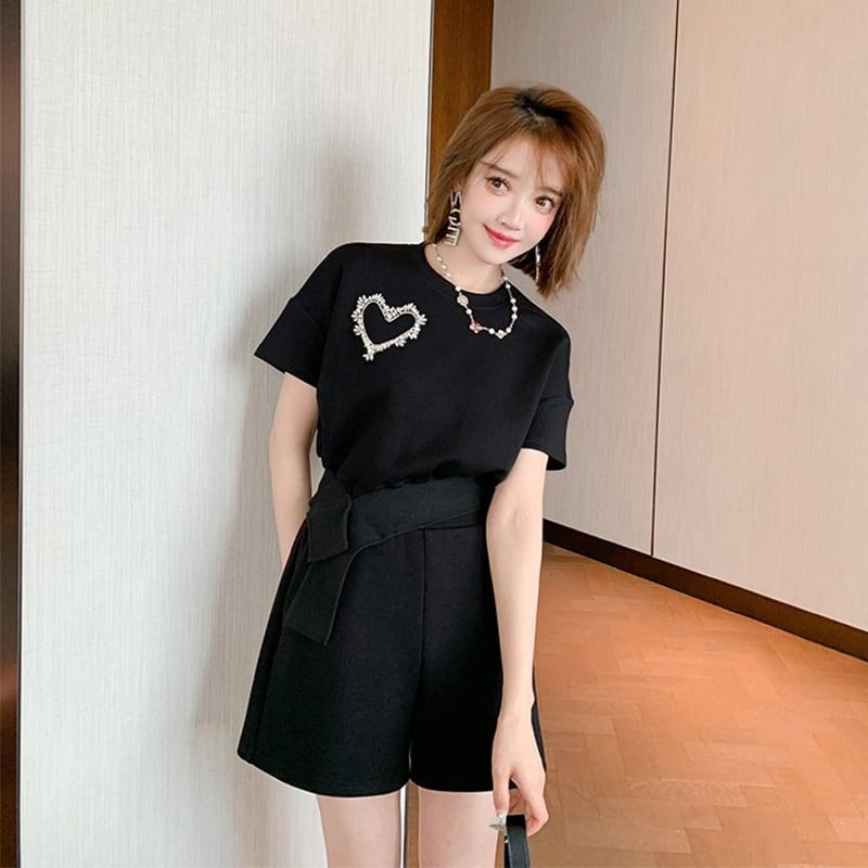 オシャレ度満点 一目惚れ 切り替え Tシャツ+ショートパンツ セットアップ<ins-3573>