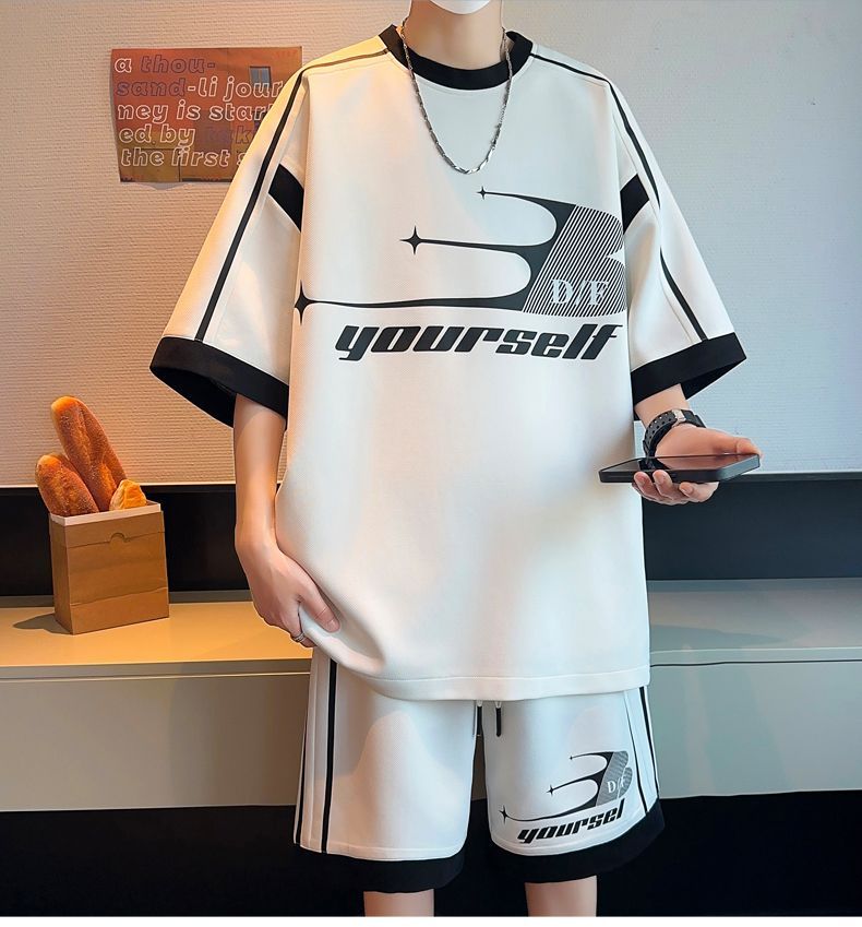 絶対流行 切り替え プリント 半袖Tシャツⅹパンツセット 全3色-A896