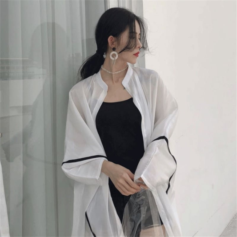 韓国系ゆったりUVカットロング丈薄手シャツ<ins-1714>