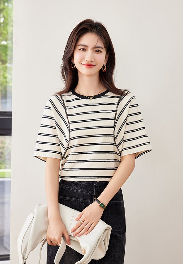 好感度UP カジュアル ファッション エレガント ストライプ柄 Tシャツ<ins-8327>
