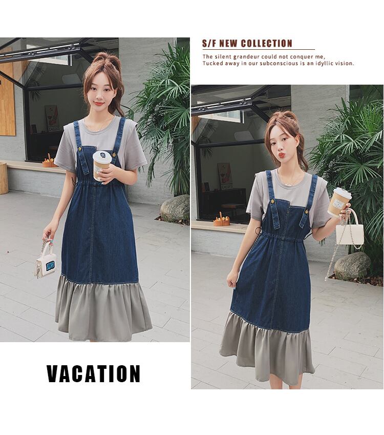 美人度アップ レイヤード風 デニム 半袖ワンピース<ins-8323>