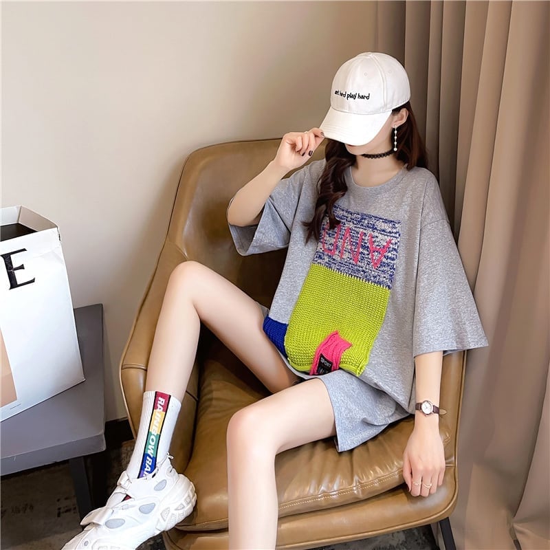 【半額!期間限定!!】ゆったりロング丈切り替え三色半袖Tシャツ<ins-1565>