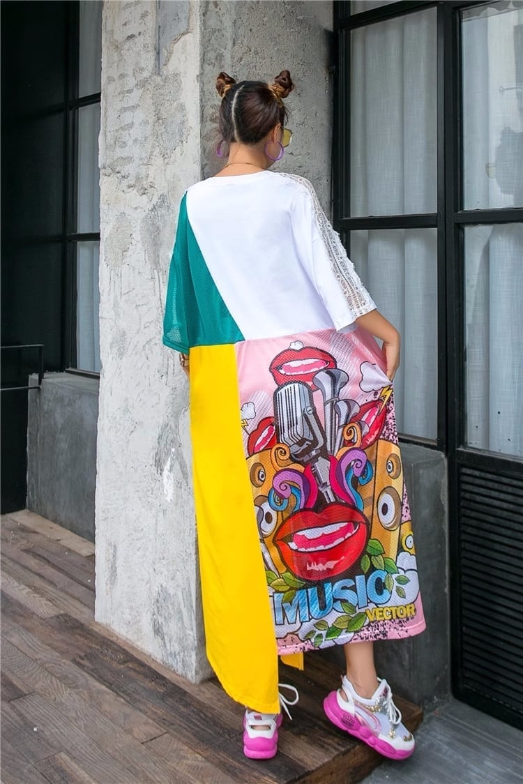 見逃し厳禁 カラーマッチング イレギュラー 切り替え プリント ロング ゆったり ワンピース<ins-4005>