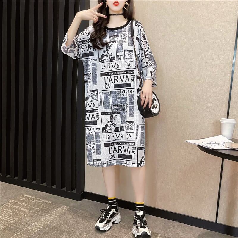 オシャレ度満点 一目惚れ プリント 切り替え ワンピース Tシャツ カットソー<ins-3122>