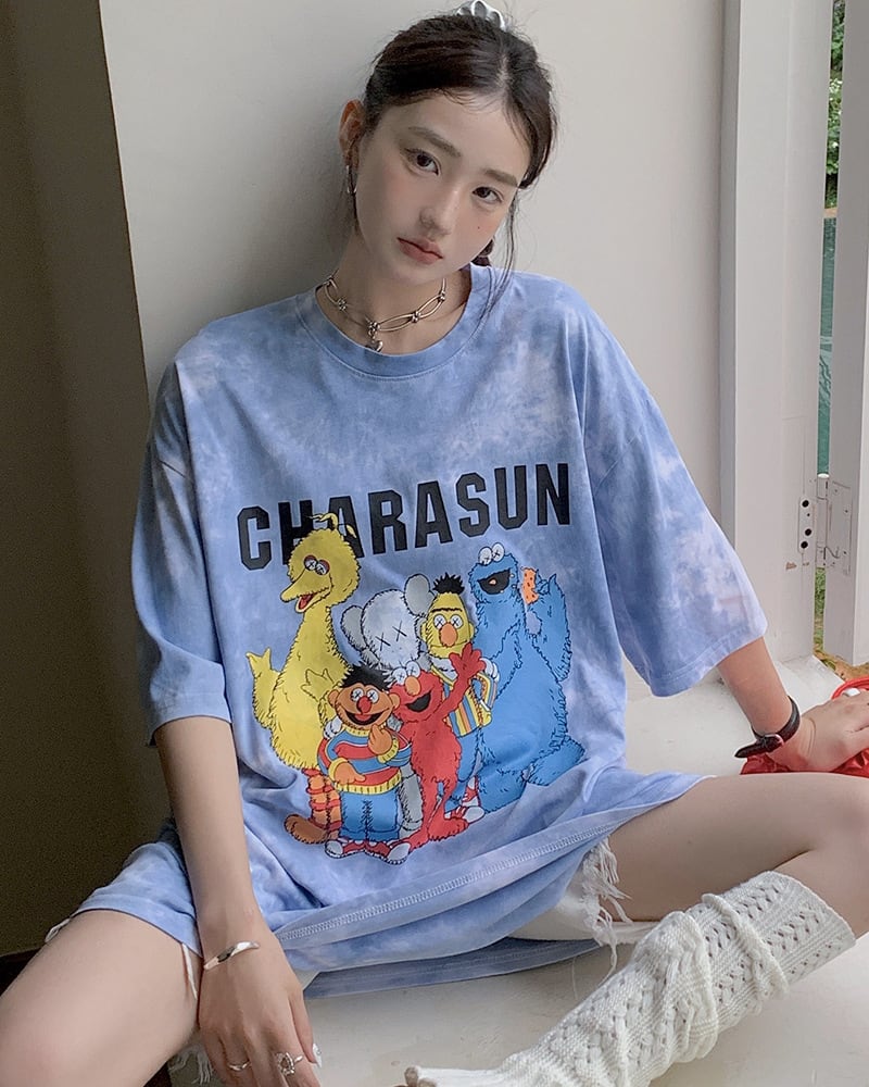 売り切れ必至 絞り染め プリント ビッグロゴ ゆったりトップス 半袖Tシャツ 全2色<ins-8272>