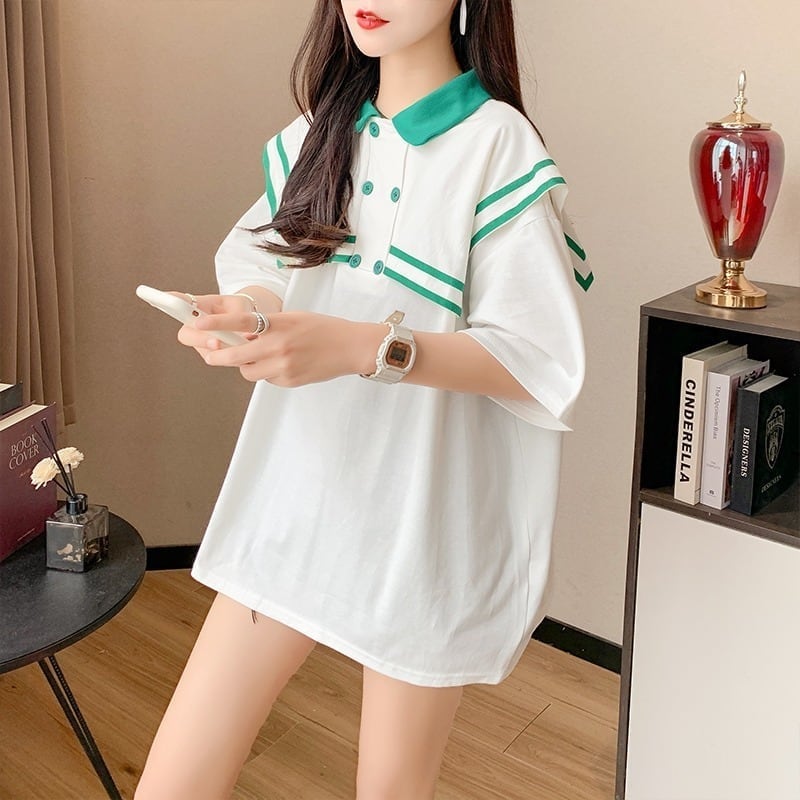 絶対欲しい セーラーカラー ロング Tシャツ 三色 ゆったりワンピース<ins-4028>