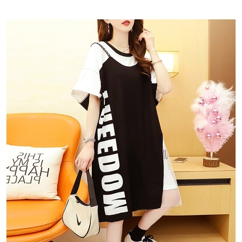 好感度UP 切り替え  レイヤード風 プリント Tシャツ ゆったりワンピース<ins-8105>