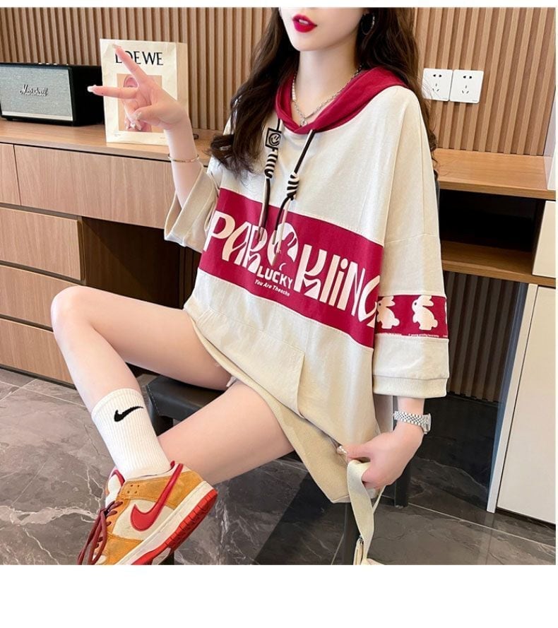 【半額!期間限定!!】大人気 切り替え ウサギちゃん プリント 配色 ロング半袖パーカー<ins-4004>