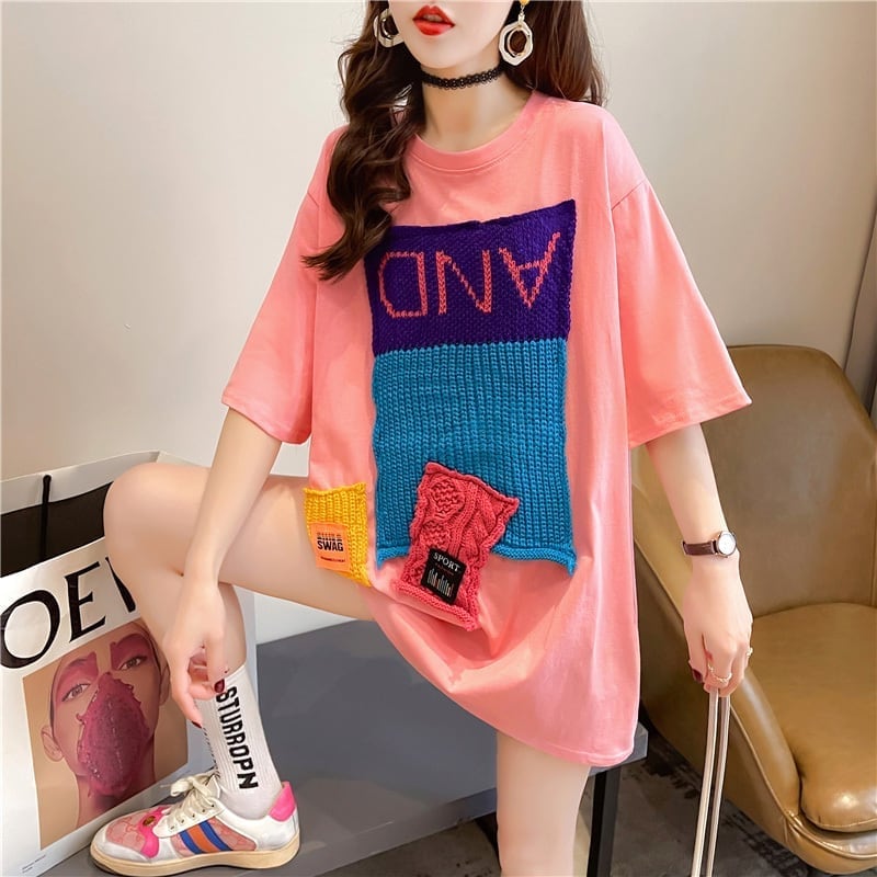 【半額!期間限定!!】ゆったりロング丈切り替え三色半袖Tシャツ<ins-1565>