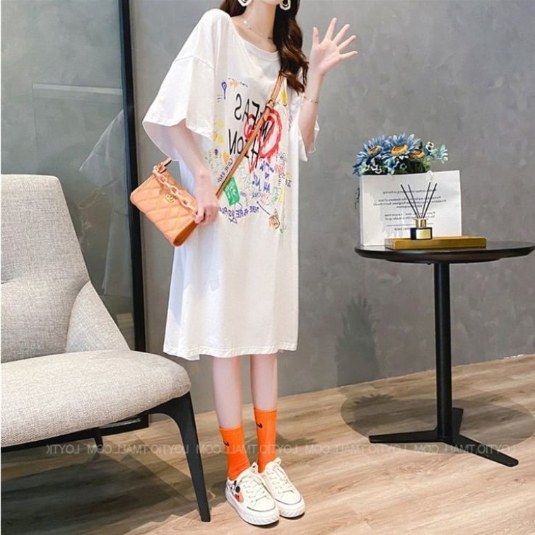 好感度UP カジュアル ゆったりロング丈 切り替え 三色 半袖Tシャツ<ins-8166>