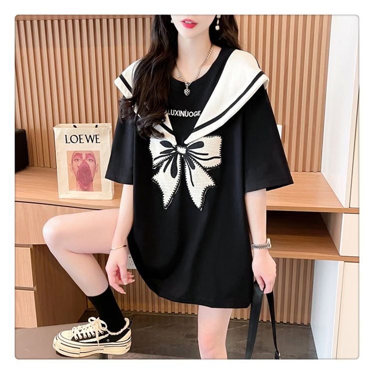 夏新作 キュート レイヤード風 プリントTシャツ 2色 ゆったり半袖<ins-8226>