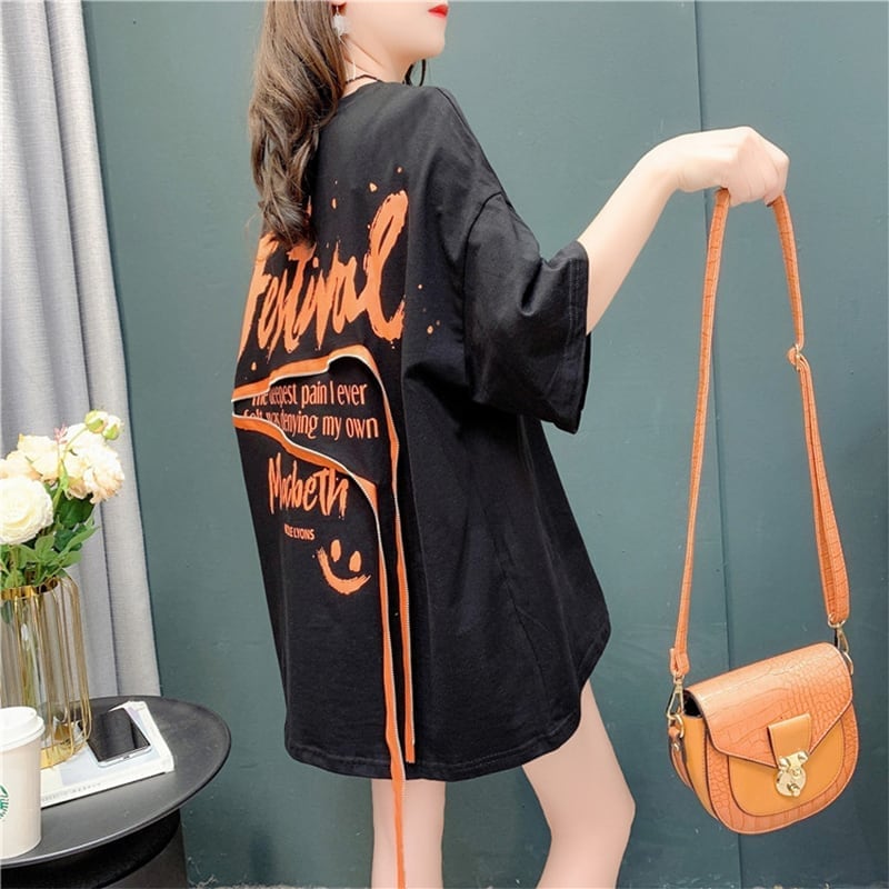 デザイン感 チャーミング 切り替え プリント Tシャツ カットソー<ins-3578>