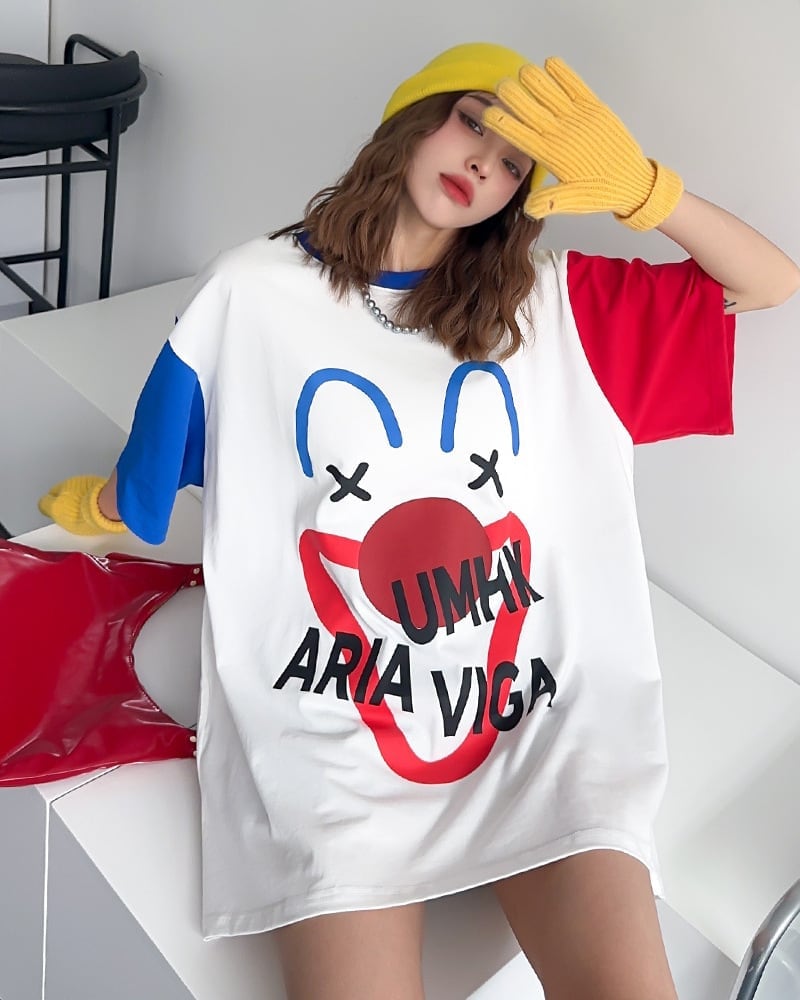 お勧めカラーマッチング ビッグロゴ ゆったり 半袖Tシャツ 全2色<ins-4838>