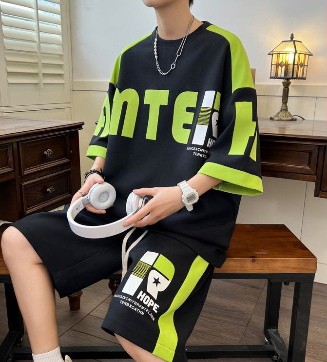 着回し力抜群 切り替え プリント 半袖Tシャツⅹパンツセット 全3色-A895