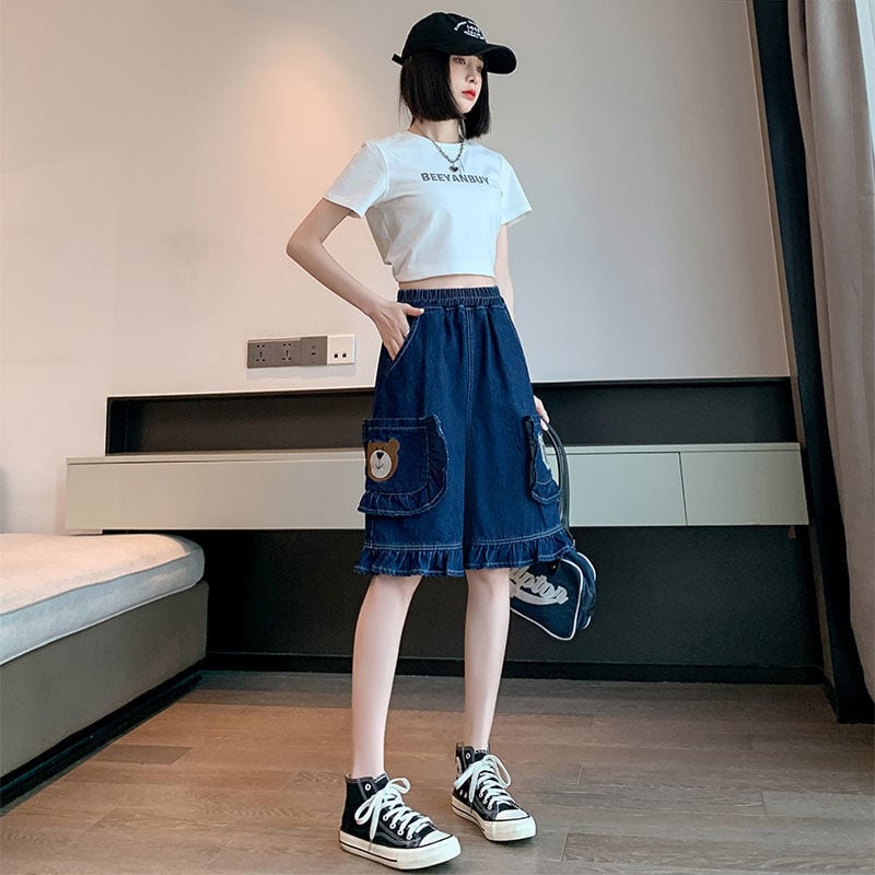 超人気 ゆったり感アップ オシャレ度満点 デニム 2色選択可 ハイウエスト パンツ ボトムス<ins-8298>