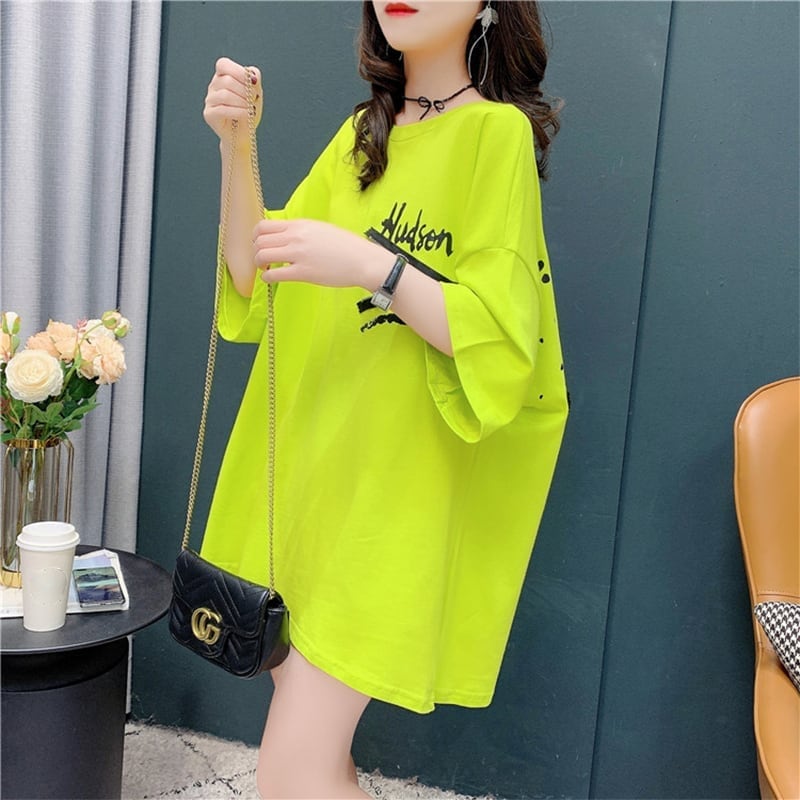 デザイン感 チャーミング 切り替え プリント Tシャツ カットソー<ins-3578>