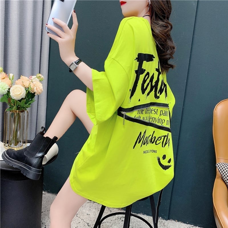 デザイン感 チャーミング 切り替え プリント Tシャツ カットソー<ins-3578>