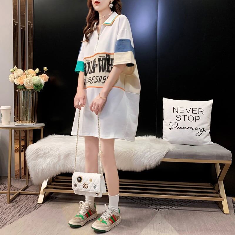 韓国系 POLOネック 切り替え ファスナー ロング Tシャツ 二色 ゆったりワンピース <ins-3015>