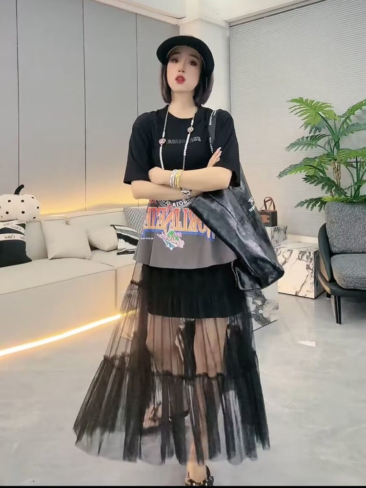 絶対欲しい ファッション レイヤード風 プリント ゆったり 2点セット 半袖ワンピース<ins-8160>