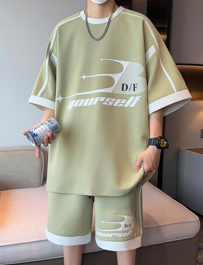 絶対流行 切り替え プリント 半袖Tシャツⅹパンツセット 全3色-A896