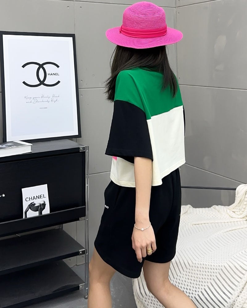着回し力抜群 韓国系 切り替え三色 ゆったり半袖Tシャツ <ins-8455>