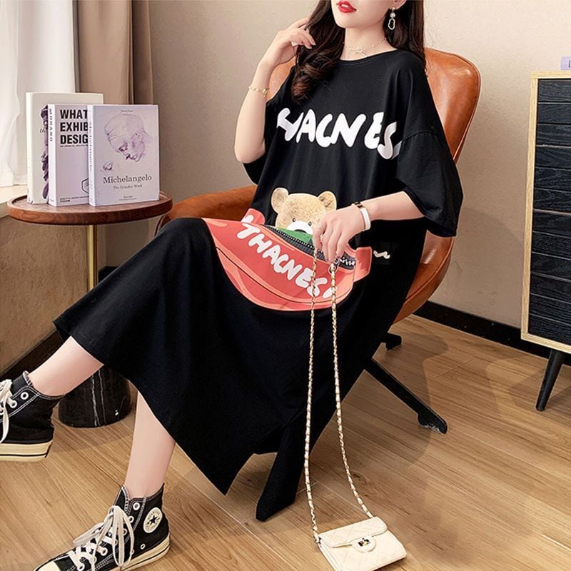 スタイリッシュ カジュアル プリント Tシャツ カットソー ワンピース<ins-8285>