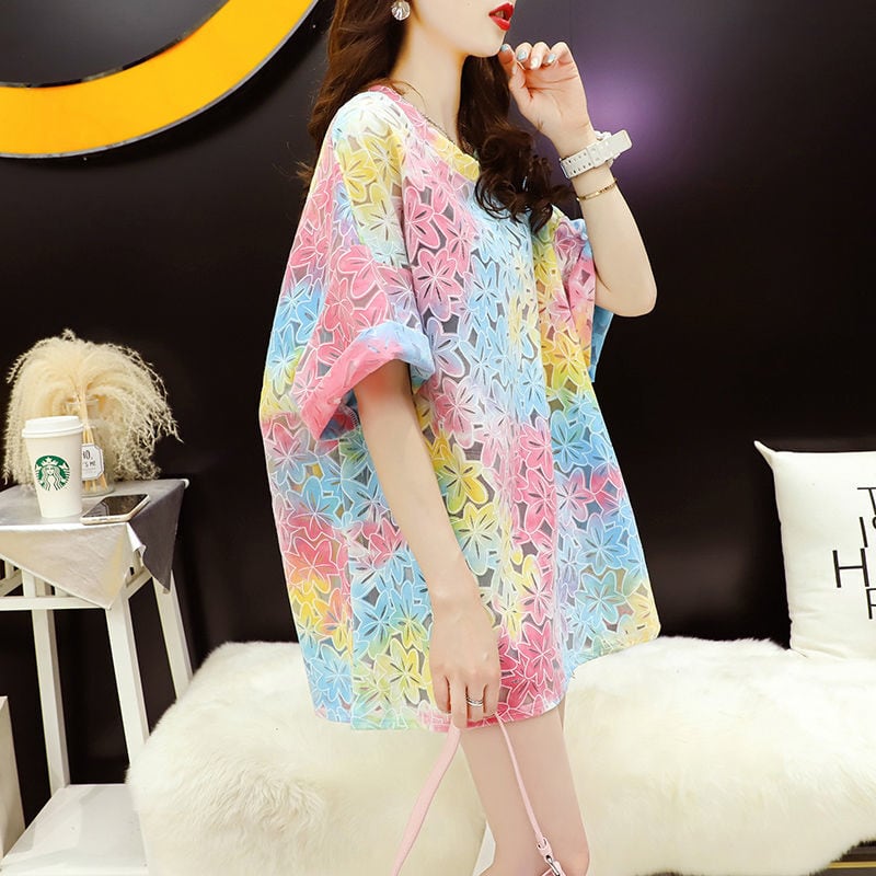 美人度アップ スウィート ゆったり 透かし彫り 半袖Tシャツ<ins-8140>