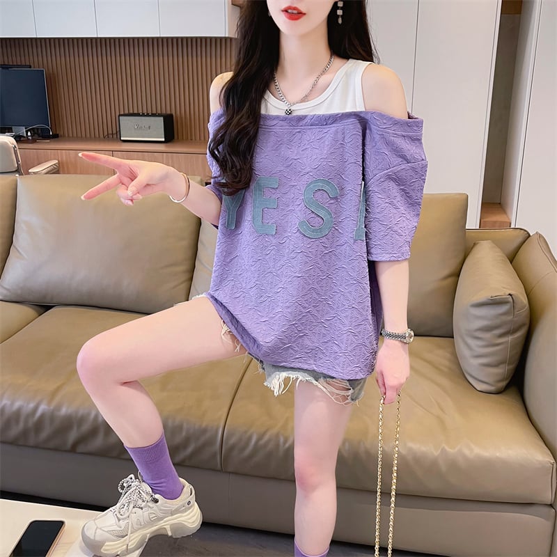 新商品 カジュアル ゆったり プリント オープンショルダー 2色 半袖Tシャツ<ins-8282>